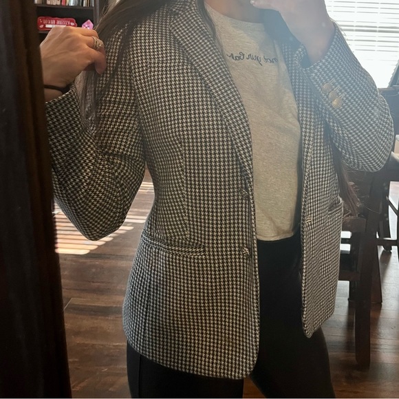 Talbots Aberdeen Blazer Houndstooth Pattern Navy Blue White Button Up - Picture 1 of 8